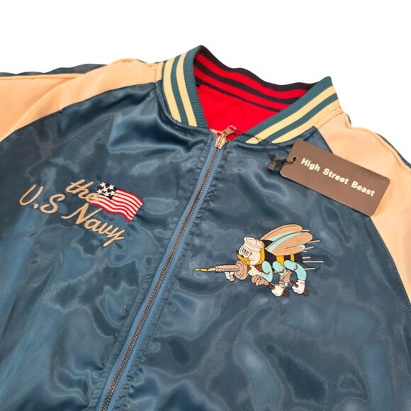 Reversible Satin Bomber Jacket U.S. Navy Seabees Embroidery & Cranes Design M - Picture 15 of 16